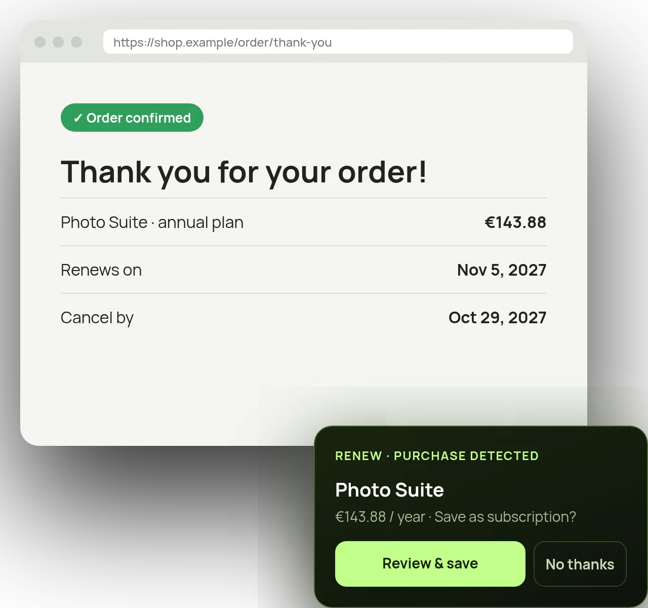 Purchase prompt on an order page