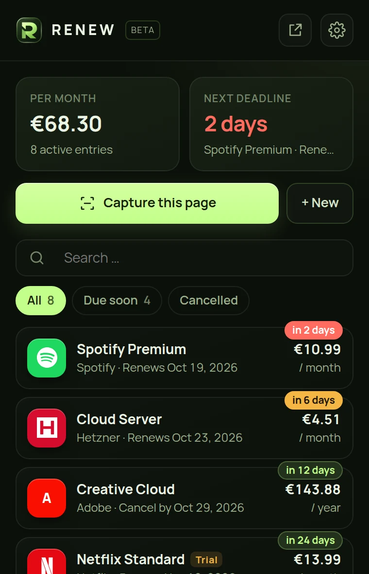 RENEW overview with subscriptions and logos