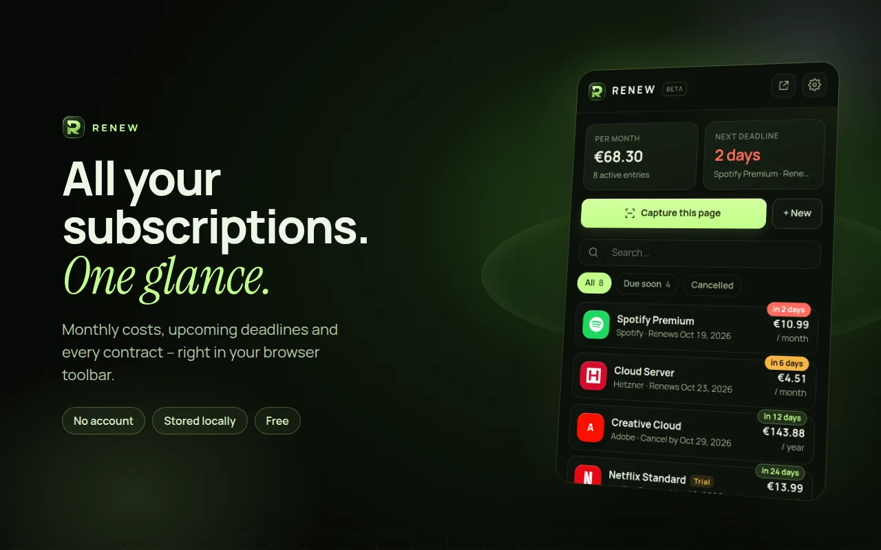 Overview: All subscriptions, monthly costs and the next deadline – with logos and color-coded countdowns.